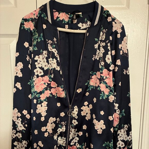 H&M Floral Bomber Jacket - Navy Blue with Pink & Cream Flowers - Picture 1 of 3